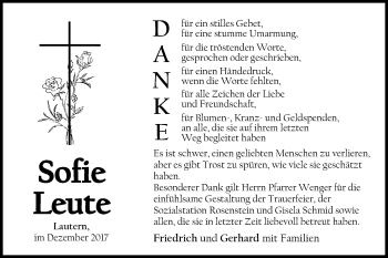 Traueranzeige von Sofie Leute von Gmünder Tagespost