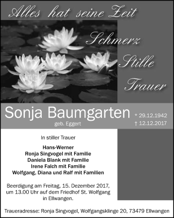 Traueranzeige von Sonja Baumgarten von Schwäbische Post
