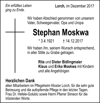Traueranzeige von Stephan Moskwa von Gmünder Tagespost