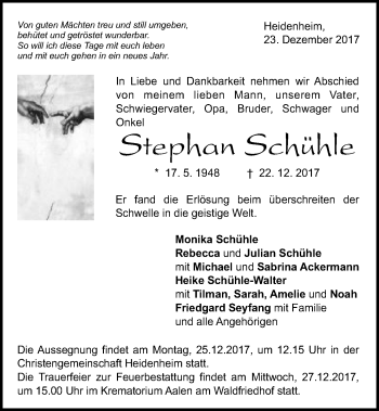 Traueranzeige von Stephan Schühle von Schwäbische Post
