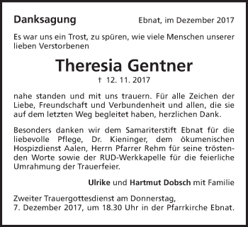 Traueranzeige von Theresia Gentner von Schwäbische Post