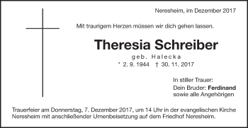 Traueranzeige von Theresia Schreiber von Schwäbische Post