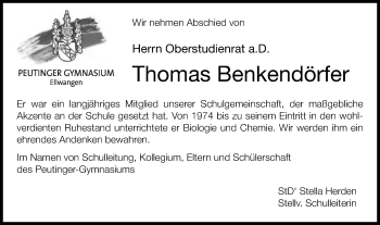 Traueranzeige von Thomas Benkendörfer von Schwäbische Post