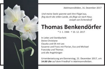 Traueranzeige von Thomas Benkendörfer von Schwäbische Post