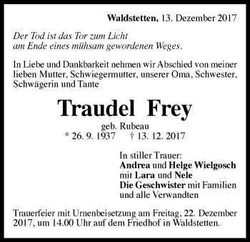Traueranzeige von Traudel Frey von Gmünder Tagespost