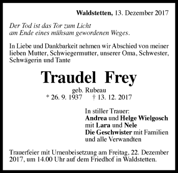 Traueranzeige von Traudel Frey