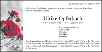 Traueranzeige von Ulrike Opferkuch von Schwäbische Post