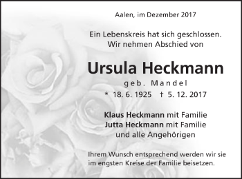Traueranzeige von Ursula Heckmann von Schwäbische Post