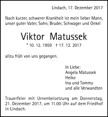 Traueranzeige von Viktor Matussek von Gmünder Tagespost
