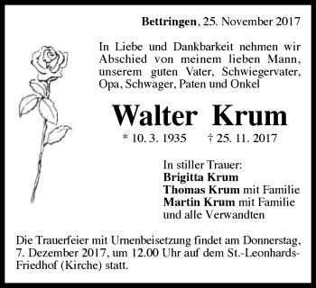 Traueranzeige von Walter Krum von Gmünder Tagespost