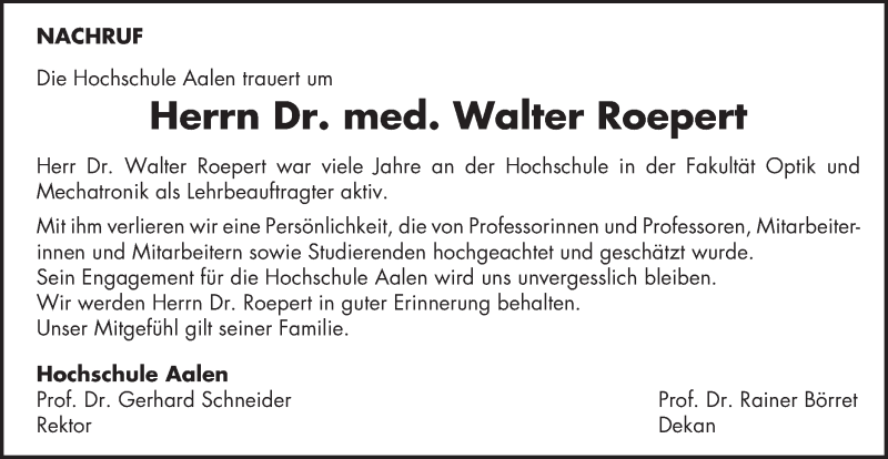  Traueranzeige für Walter Roepert vom 14.12.2017 aus Schwäbische Post