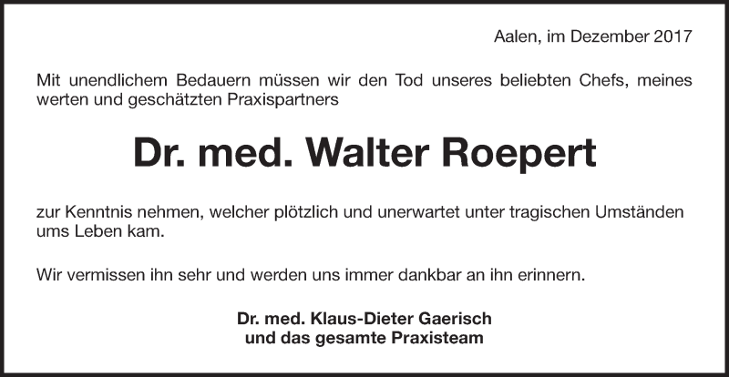  Traueranzeige für Walter Roepert vom 13.12.2017 aus Schwäbische Post