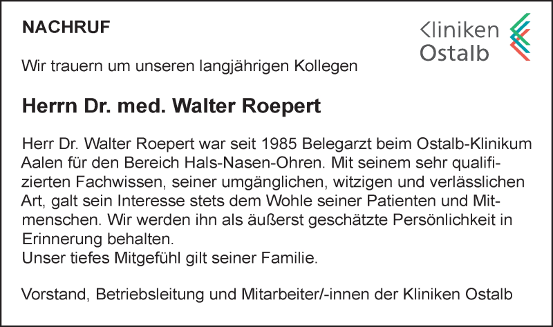  Traueranzeige für Walter Roepert vom 19.12.2017 aus Schwäbische Post