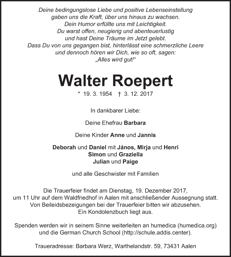  Traueranzeige für Walter Roepert vom 13.12.2017 aus Schwäbische Post