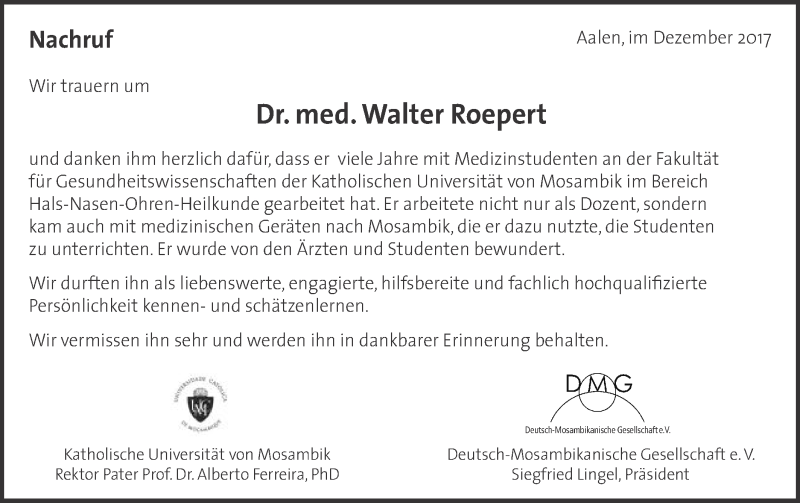  Traueranzeige für Walter Roepert vom 18.12.2017 aus Schwäbische Post