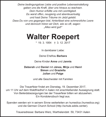 Traueranzeige von Walter Roepert von Schwäbische Post