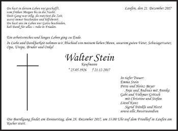 Traueranzeige von Walter Stein  von Gmünder Tagespost