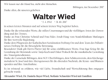 Traueranzeige von Walter Wied von Gmünder Tagespost