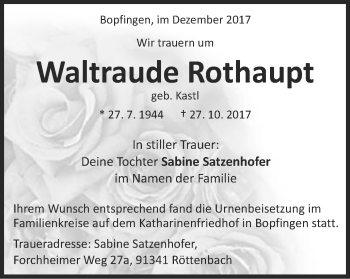 Traueranzeige von Waltraude Rothaupt von Schwäbische Post