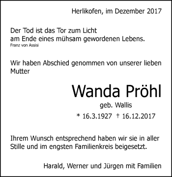 Traueranzeige von Wanda Pröhl von Gmünder Tagespost