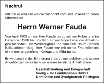 Traueranzeige von Werner Faude von Schwäbische Post