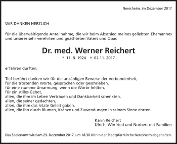 Traueranzeige von Werner Reichert von Schwäbische Post