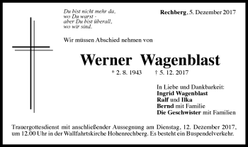 Traueranzeige von Werner Wagenblast von Gmünder Tagespost