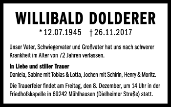 Traueranzeige von Willibald Dolderer von Gmünder Tagespost