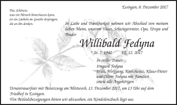 Traueranzeige von Willibald Fedyna von Schwäbische Post