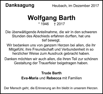 Traueranzeige von Wolfgang Barth von Gmünder Tagespost