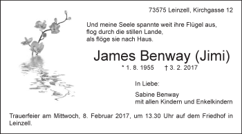Traueranzeige von James Benway von Gmünder Tagespost