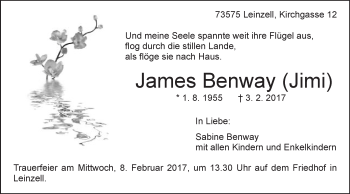 Traueranzeige von James Benway