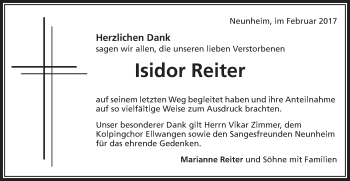Traueranzeige von Isidor Reiter von Schwäbische Post