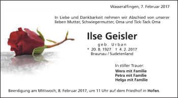 Traueranzeige von Ilse Geisler von Schwäbische Post