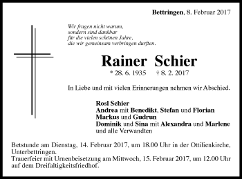 Traueranzeige von Rainer Schier von Gmünder Tagespost