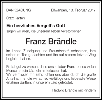 Traueranzeige von Franz Brändle von Schwäbische Post