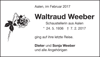 Traueranzeige von Waltraud Weeber von Schwäbische Post