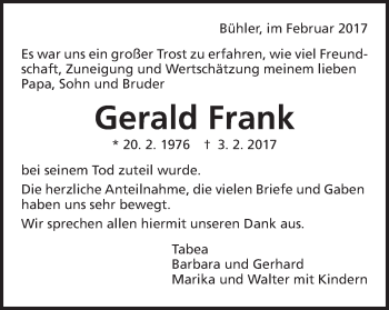Traueranzeige von Gerald Frank von Schwäbische Post