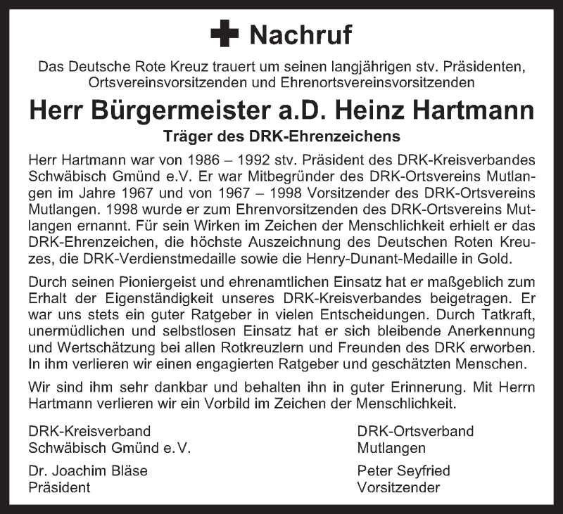  Traueranzeige für Heinz Hartmann vom 02.02.2017 aus Gmünder Tagespost