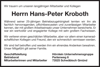 Traueranzeige von Hans-Peter Kroboth von Gmünder Tagespost