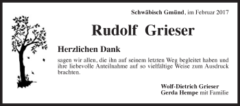 Traueranzeige von Rudolf Grieser von Gmünder Tagespost