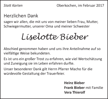 Traueranzeige von Liselotte Bieber von Amtsblatt_Oko