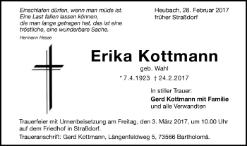 Traueranzeige von Erika Kottmann von Gmünder Tagespost