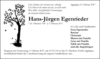 Traueranzeige von Hans-Jürgen Egenrieder von Gmünder Tagespost