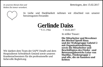 Traueranzeige von Gerlinde Daiss von Gmünder Tagespost