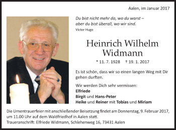 Traueranzeige von Heinrich Wilhelm  Widmann von Schwäbische Post