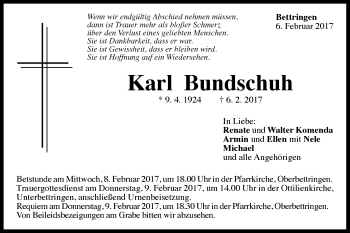 Traueranzeige von Karl Bundschuh von Gmünder Tagespost