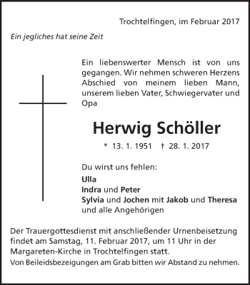 Traueranzeige von Herwig Schöller von Schwäbische Post