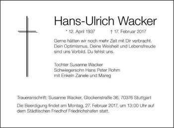 Traueranzeige von Hans-Ulrich Wacker von Gmünder Tagespost
