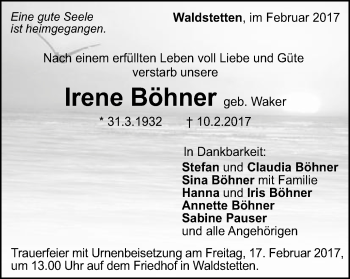Traueranzeige von Irene Böhner von Gmünder Tagespost